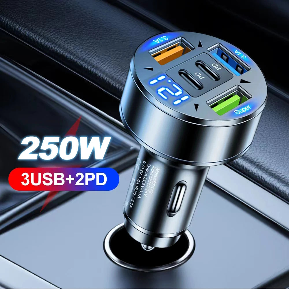 250W 5-Port Fast Car Charger - PD QC3.0 USB-C Multi-Device Adapter - 7