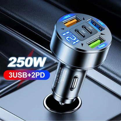 250W 5-Port Fast Car Charger - PD QC3.0 USB-C Multi-Device Adapter