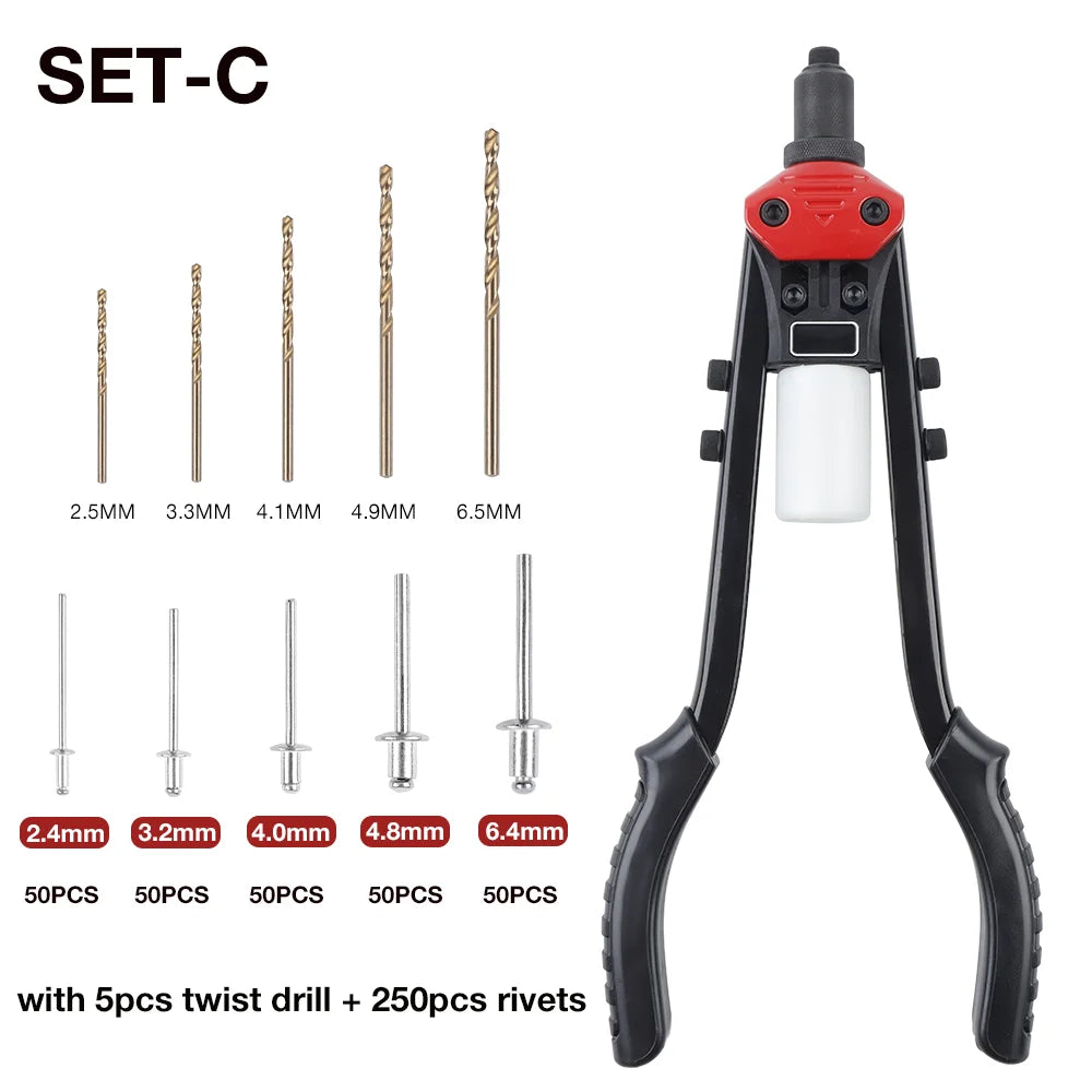 Heavy Duty Manual Pop Rivet Gun Kit - Hand Riveter with 250pcs Rivets & 5 Drill Bits - 10