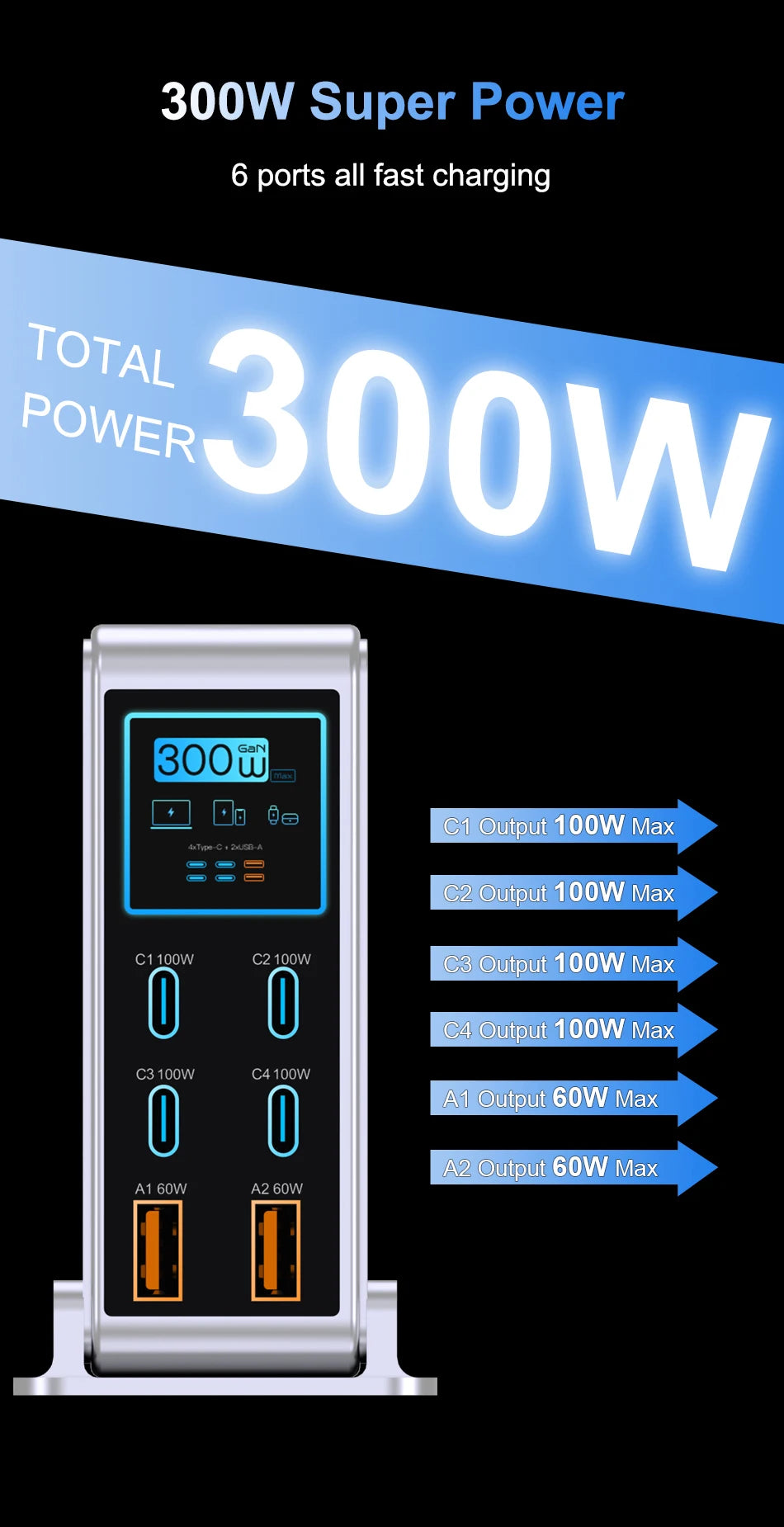 300W GaN 6-Port Fast Charging Station with Digital Display for All Devices