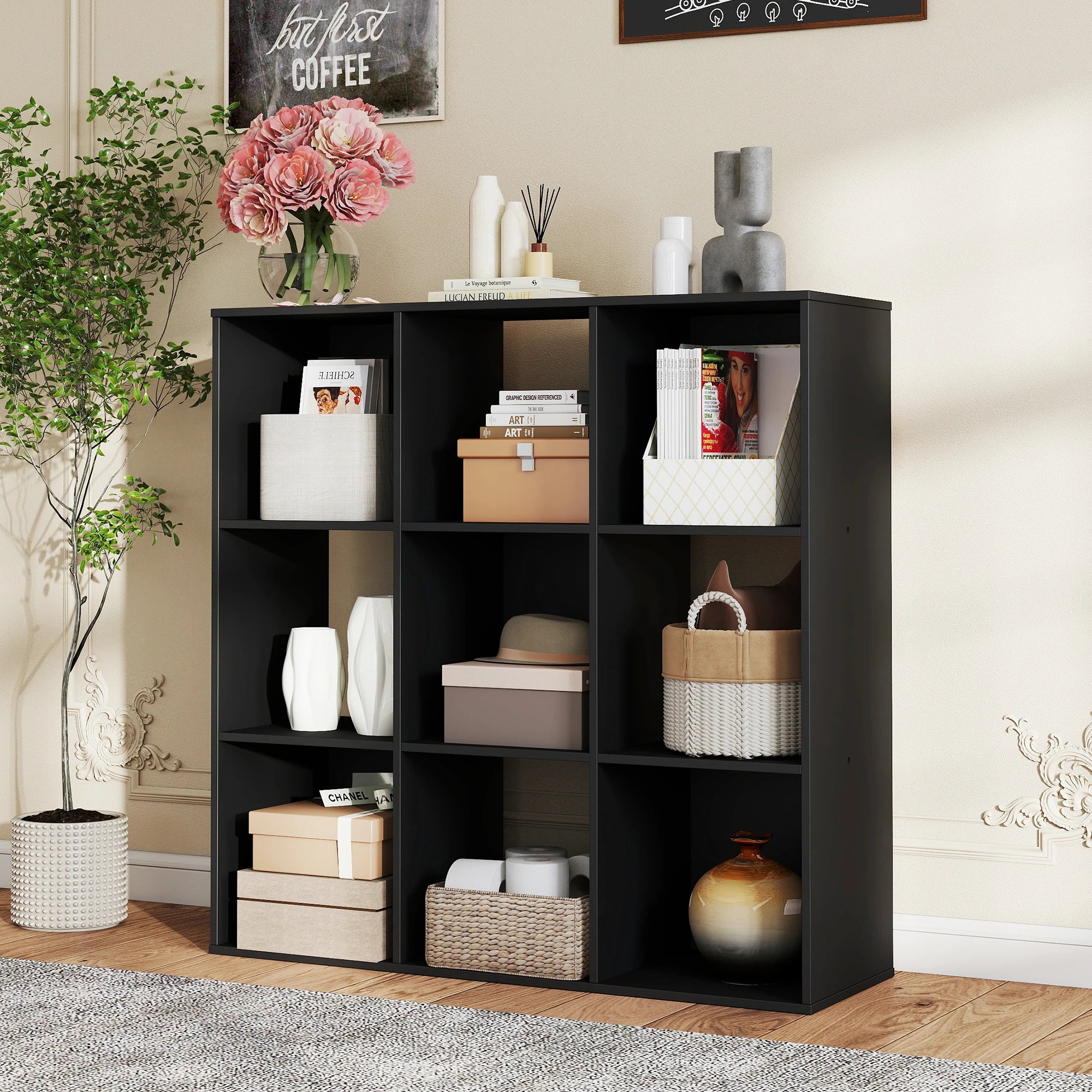 9-Cube Wooden Storage Organizer - Modern Open Bookshelf & Display Unit - 12