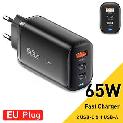 65W GaN Fast Charger - Triple Port USB-C Wall Charger for Laptop & Phone