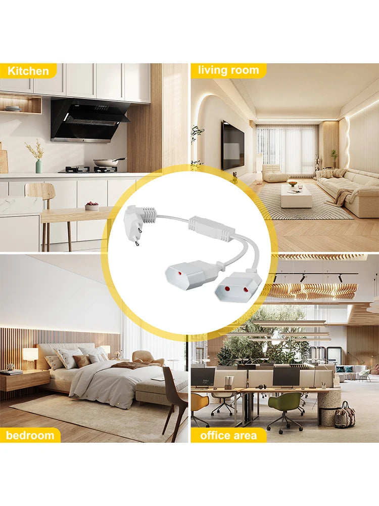28cm EU Power Extension Cable - Type C Euro Plug to Double Socket Adapter - 6