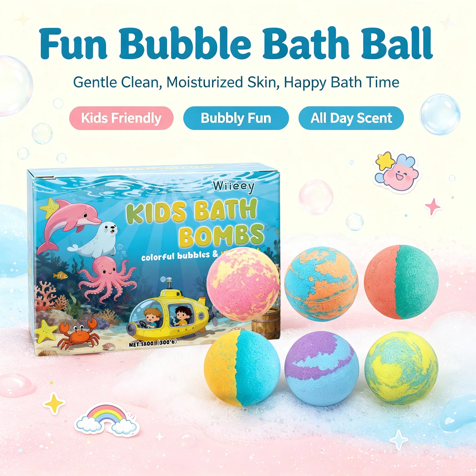 Kids Fun Fizzy Bath Bomb Set - Gentle Moisturizing Bubble Bath for Boys and Girls - 6