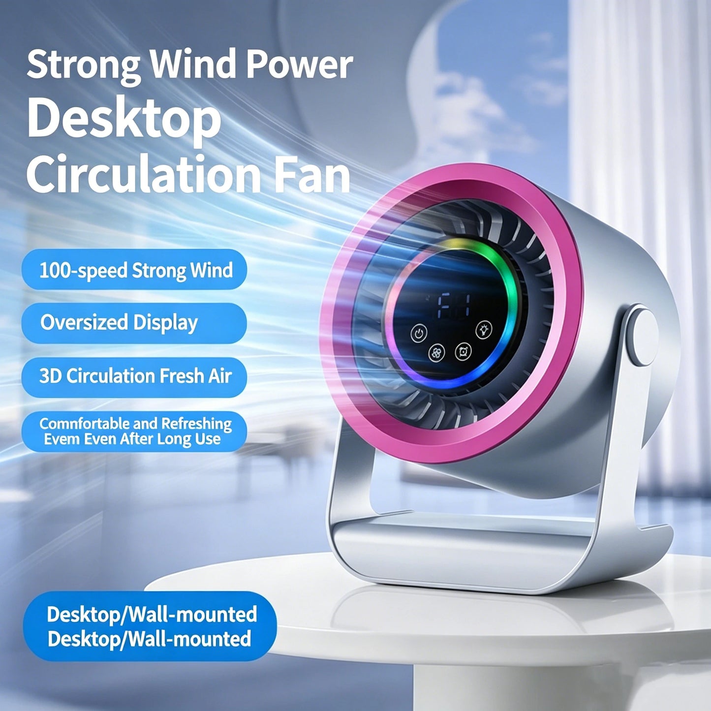 100-Speed Silent Desktop & Wall Mount Fan - 3600mAh Digital Display