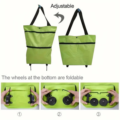 2-in-1 Foldable Shopping Bag with Wheels Pull Cart