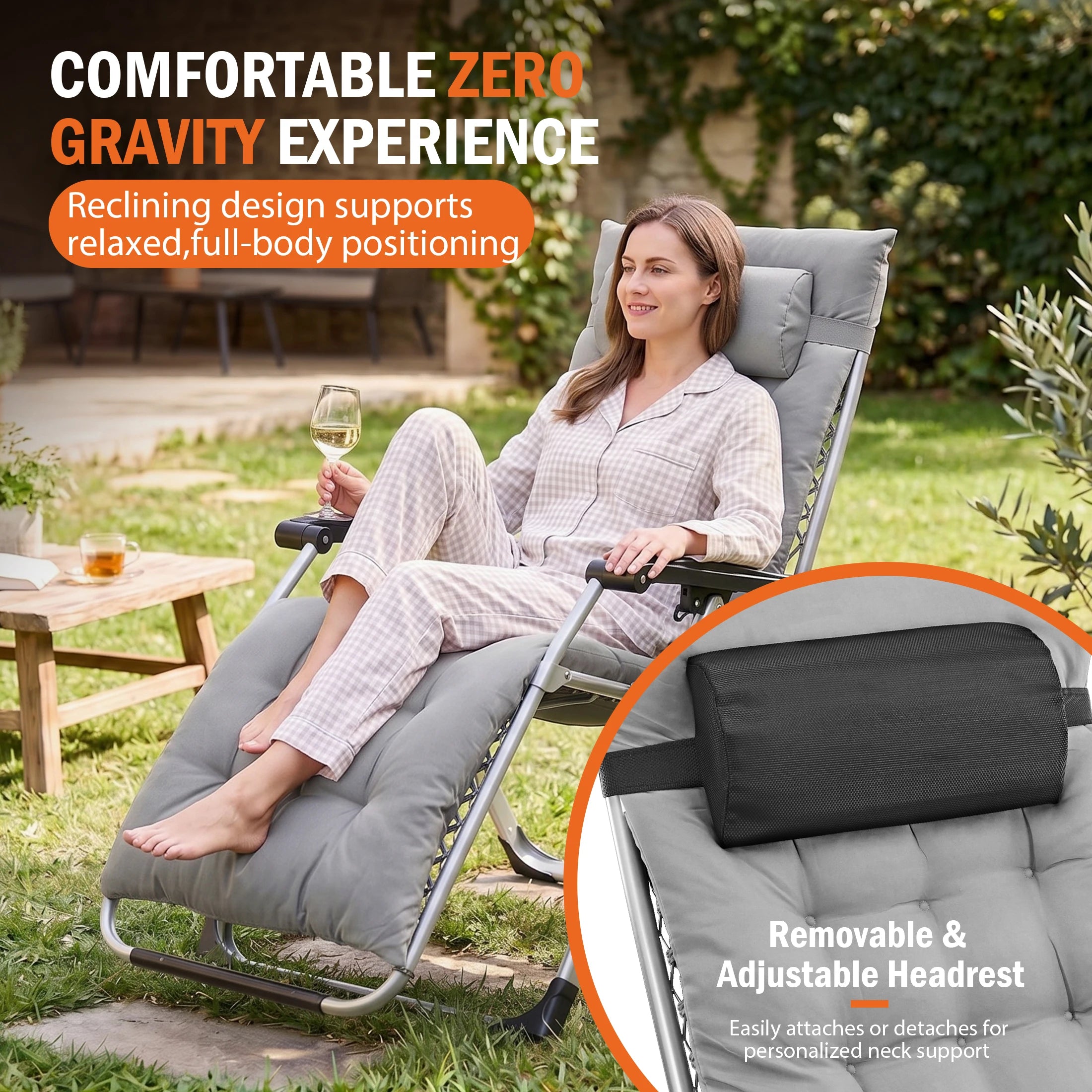 Zero Gravity Reclining Camping Chair with Cup Holder & Removable Cushion - 3