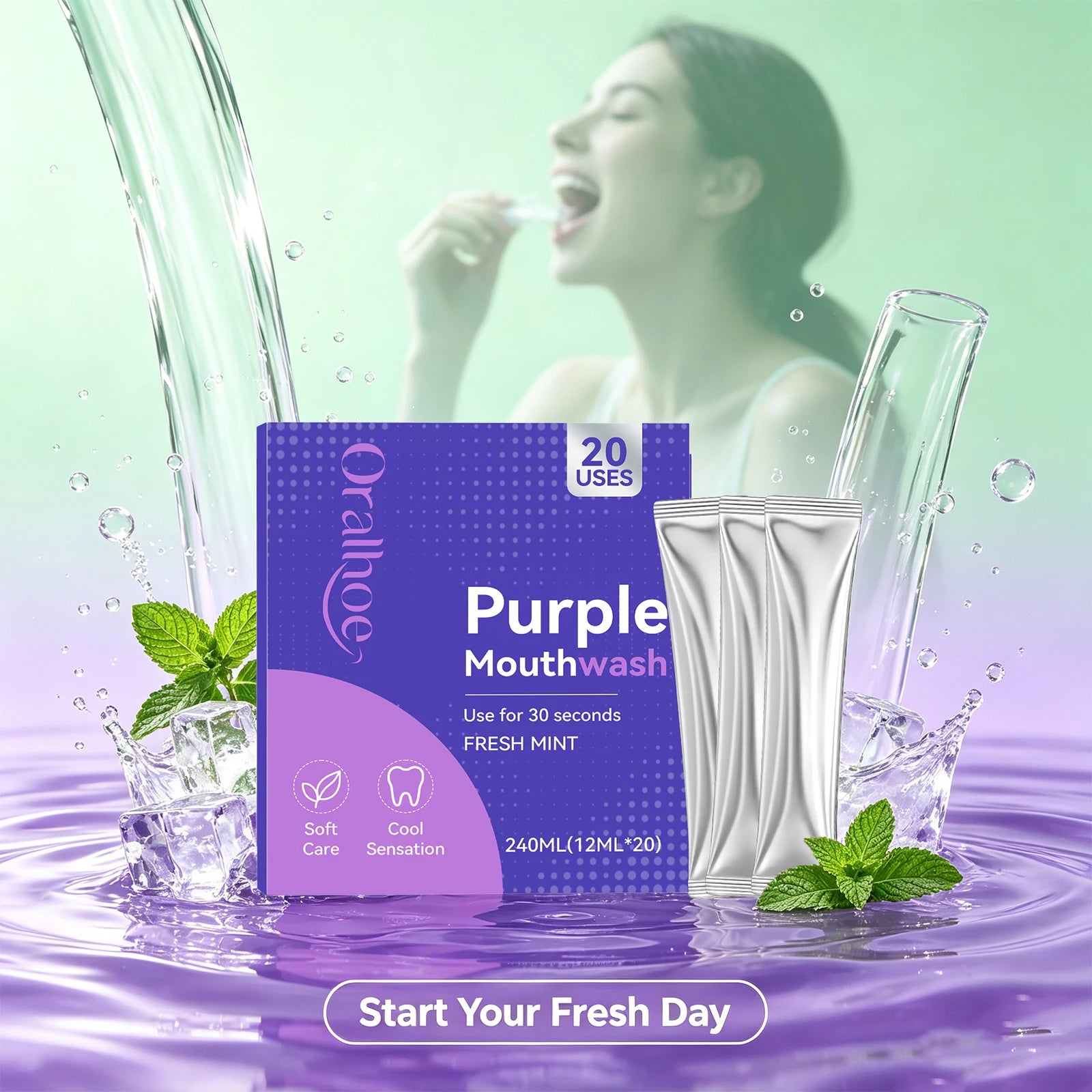 Purple Mint Mouthwash Single-Use Travel Sachets for Fresh Breath & Oral Care - 1