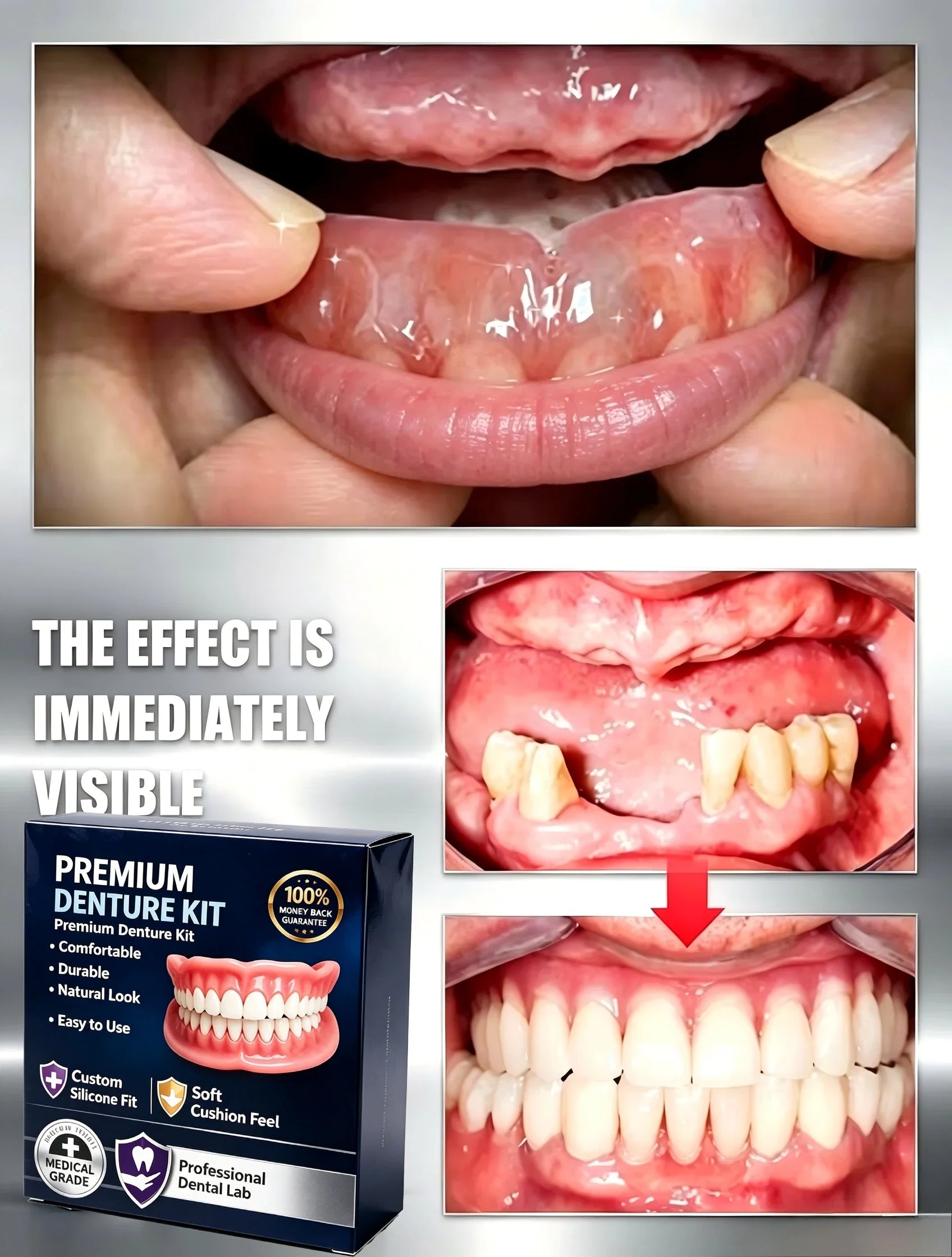 Premium Silicone False Teeth Kit - Natural Smile Cosmetic Denture - 3
