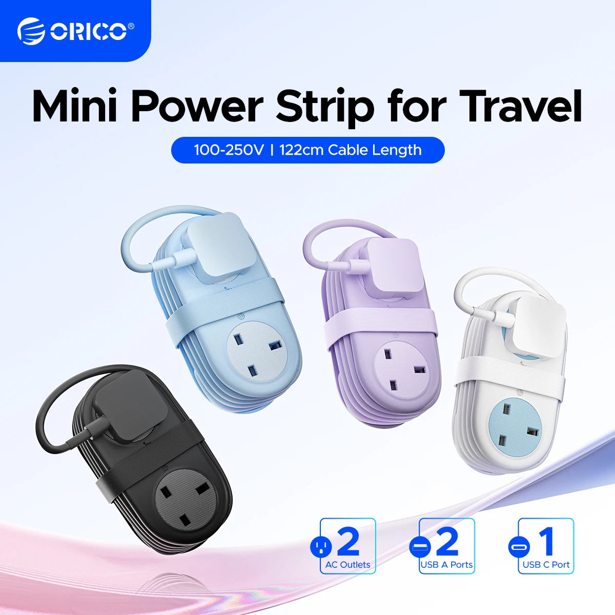 ORICO 5-in-1 UK Power Strip with USB-C, 2 AC Outlets & 1.2M Extension Cord - 1