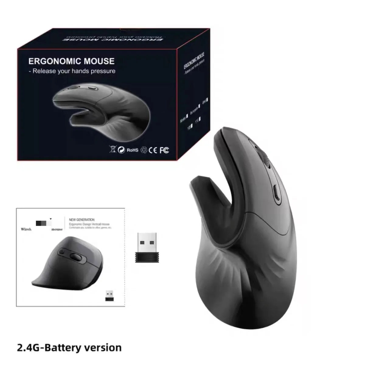 Ergonomic Vertical Wireless Mouse - Silent 6-Button Optical Office Mouse - 12