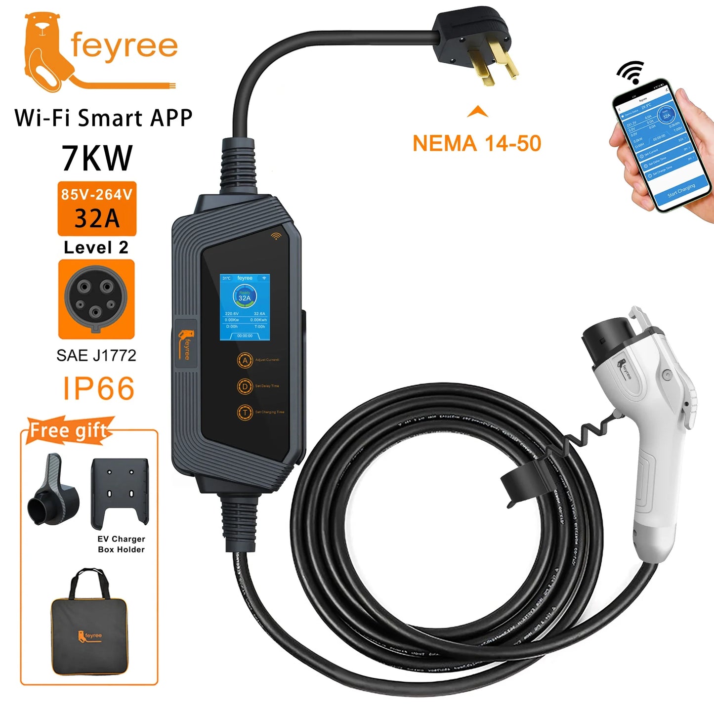 Portable J1772 EV Charger Level 2 - Smart WiFi App Control & Fast Charging