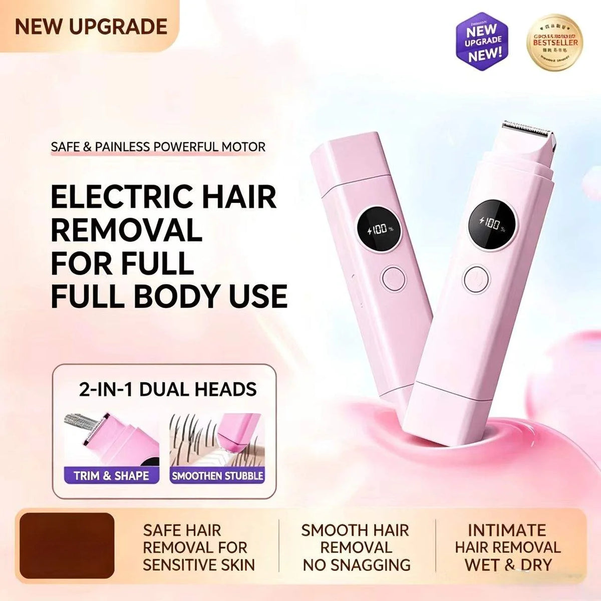 2-in-1 Electric Hair Removal Shaver - Waterproof Painless Trimmer for Face & Body