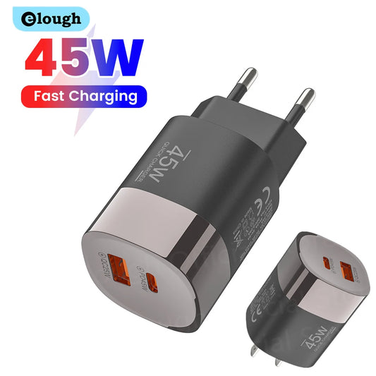 45W Dual Port USB-C & USB-A Fast Wall Charger for iPhone, Samsung, Huawei