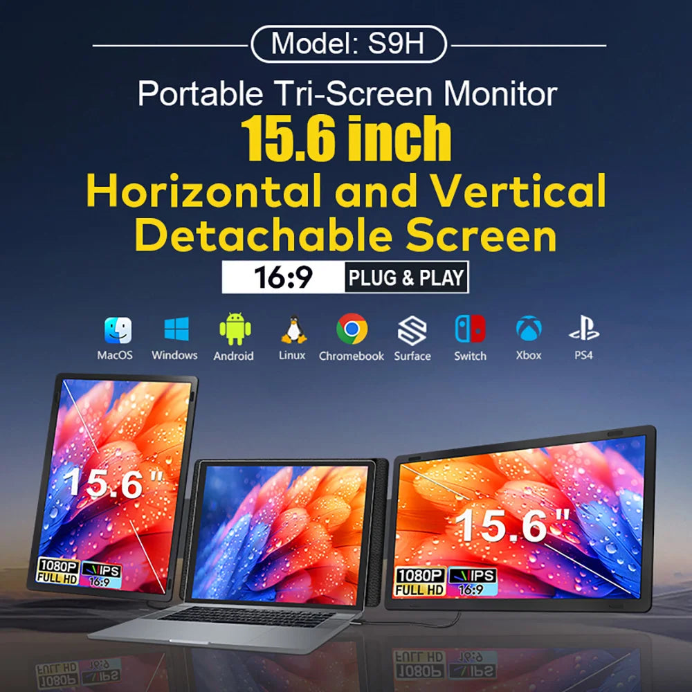 14-16" Dual Screen Laptop Monitor Extender - FHD IPS Portable Triple Display