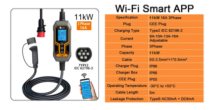 11kW Type 2 Portable EV Charger - 16A 3-Phase Smart App Control 5m Cable