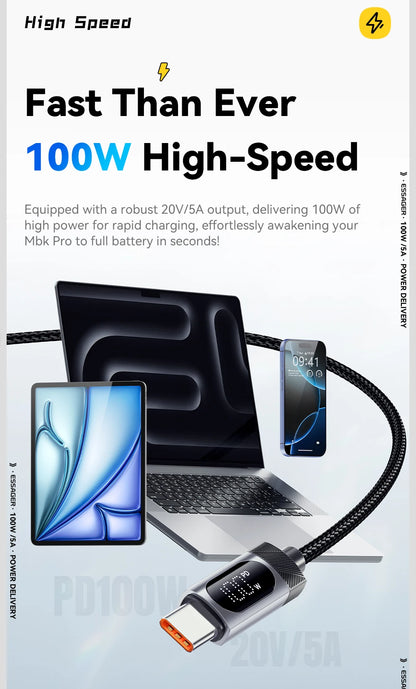 100W PD Fast Charging USB-C Cable with Digital Power Display