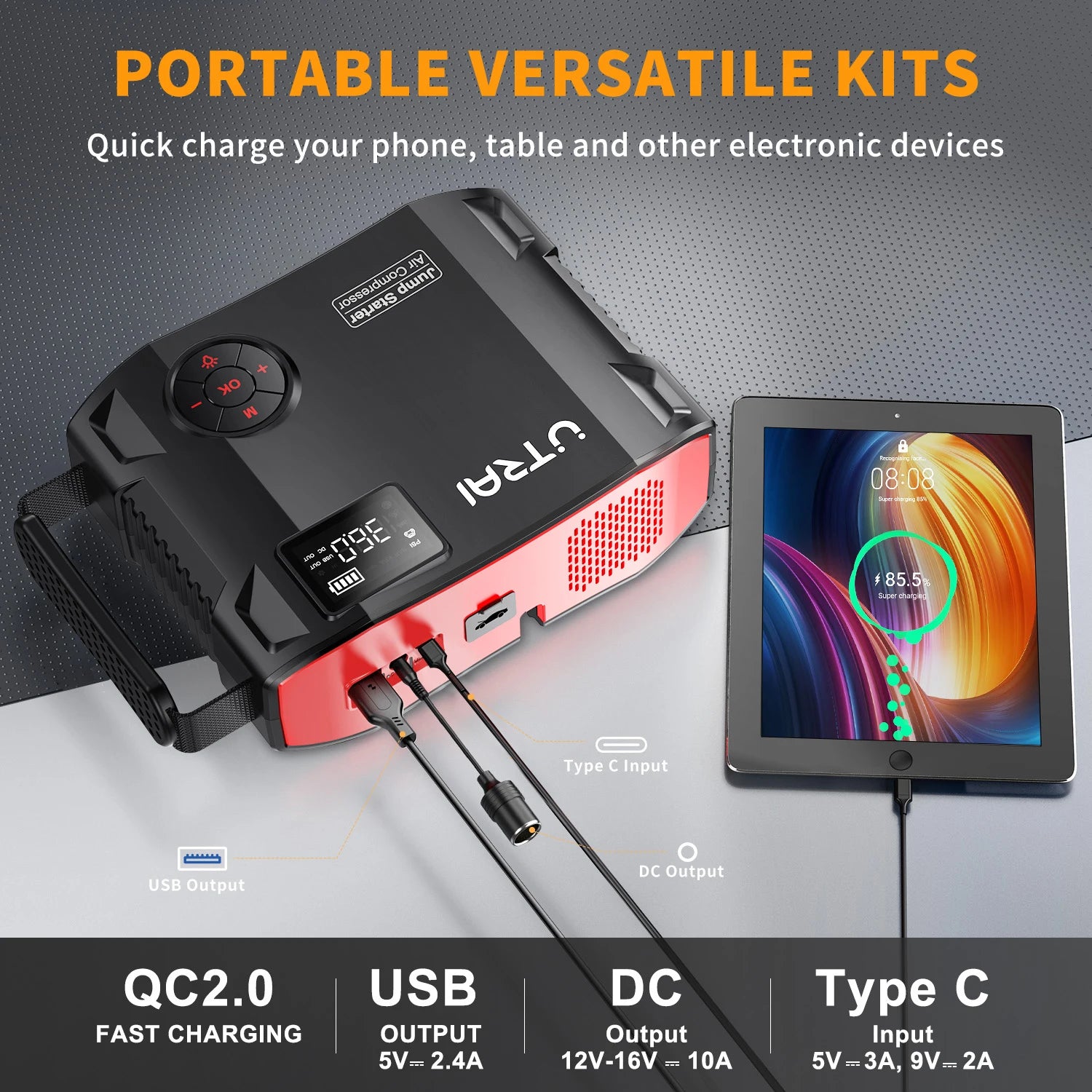 4-in-1 Portable Car Jump Starter & 150PSI Air Compressor - 16000mAh Power - 5