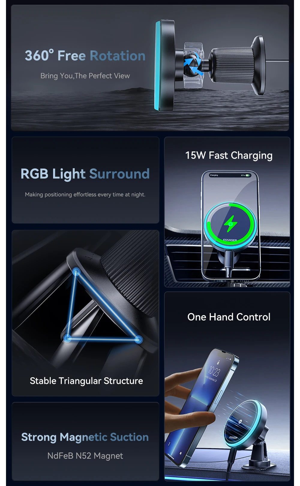 Magnetic Wireless Car Charger & Phone Holder for iPhone 16/15/14