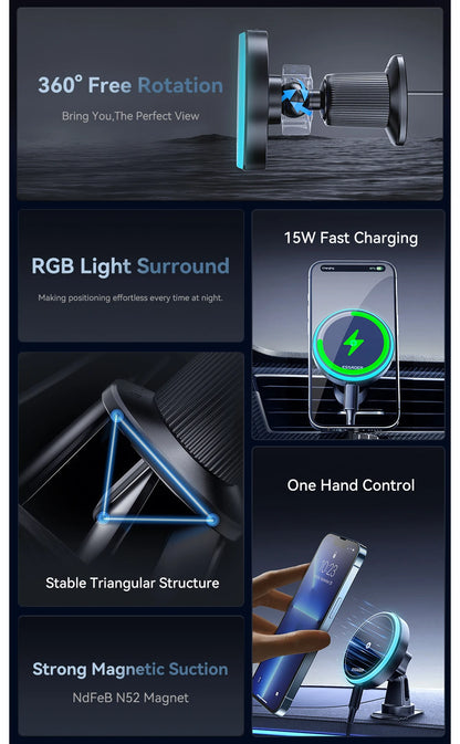 Magnetic Wireless Car Charger & Phone Holder for iPhone 16/15/14