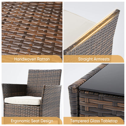 3-Piece Outdoor Rattan Patio Furniture Set with Cushions & Glass Table