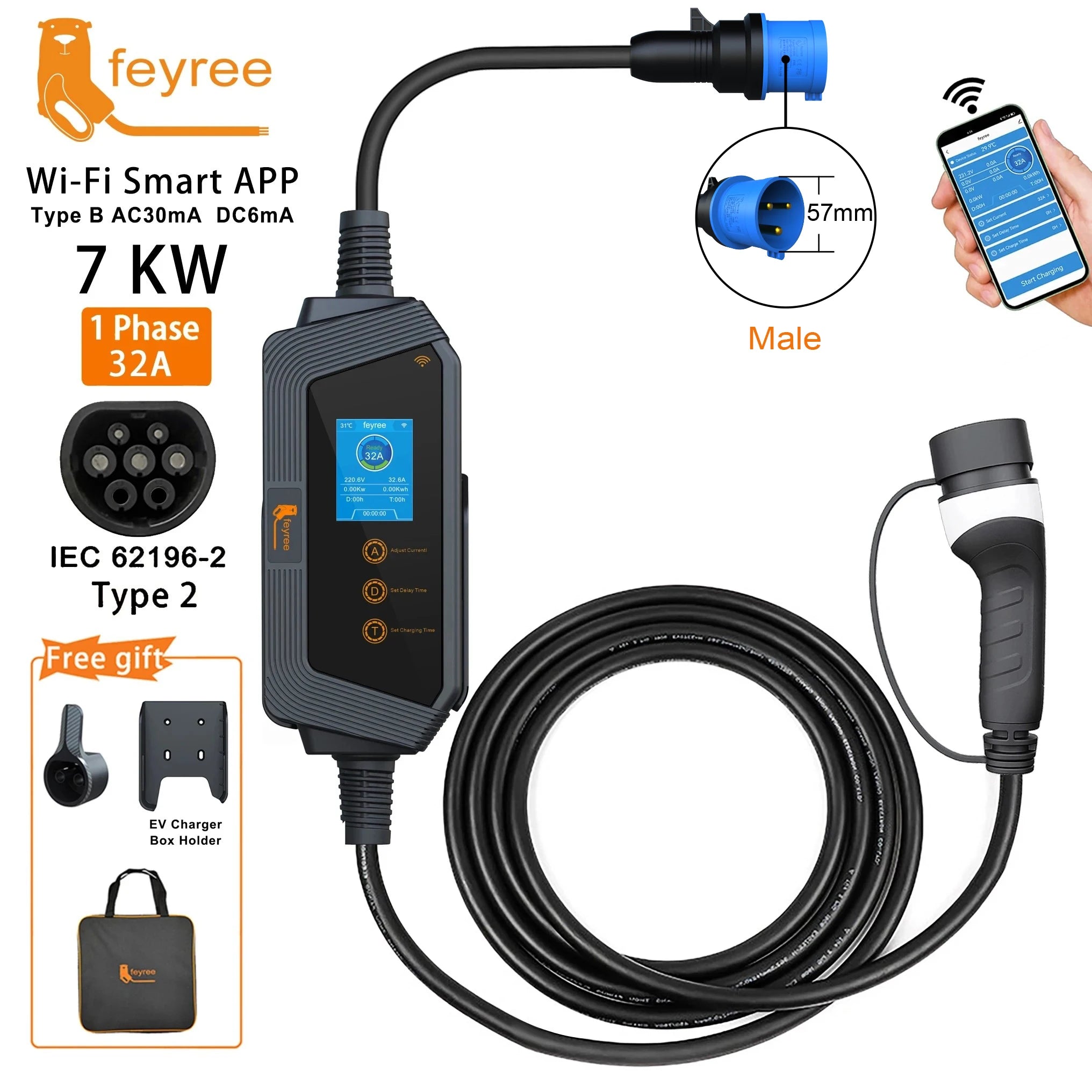 7kW Smart Portable EV Charger Type 2 - Wi-Fi App Control & Adjustable Amps - 33