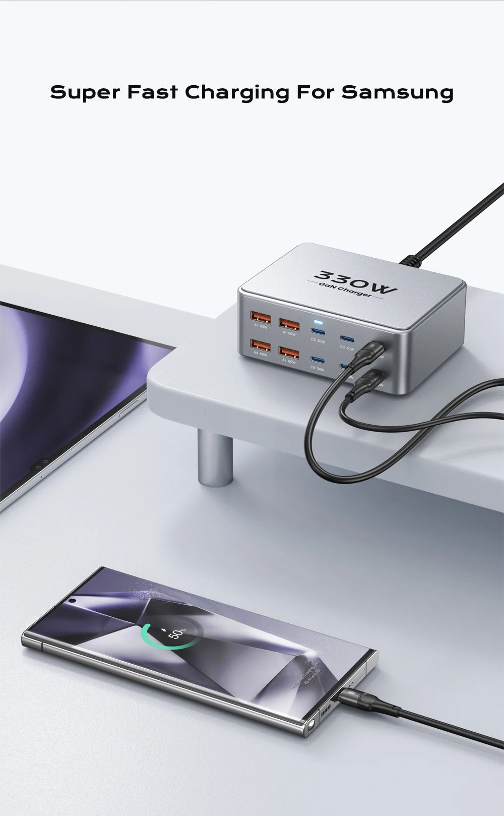 330W 10-Port GaN Fast Charging Station for Laptops, Phones & Tablets - 11