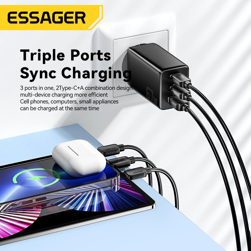 67W GaN 3-Port USB-C Fast Charger - Universal PD & QC Wall Adapter - 3