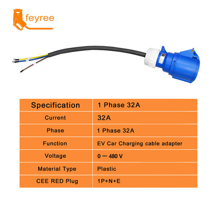 32A EV Charger Adapter CEE Female 3-Pin to Schuko Plug 7KW Portable
