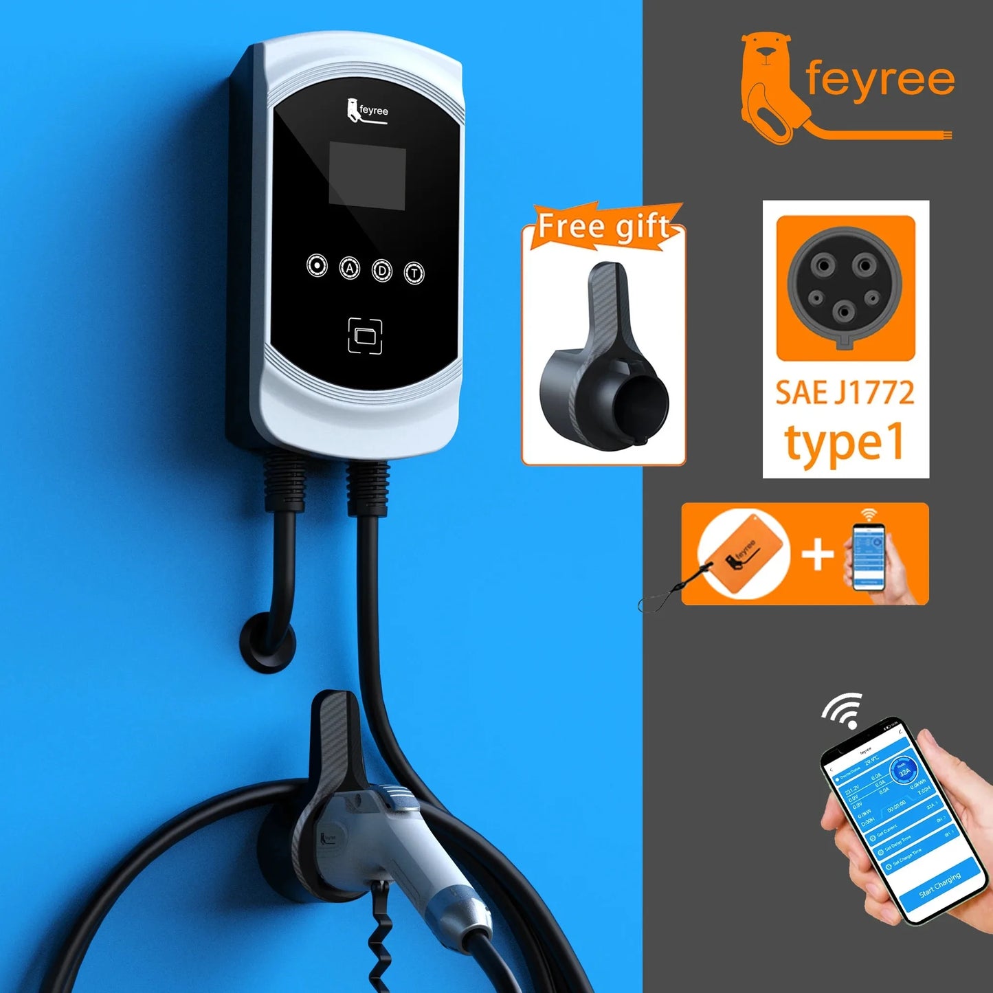 Smart Type 1 EV Wallbox Charger - 7.6kW to 12kW Fast Home Charging Station