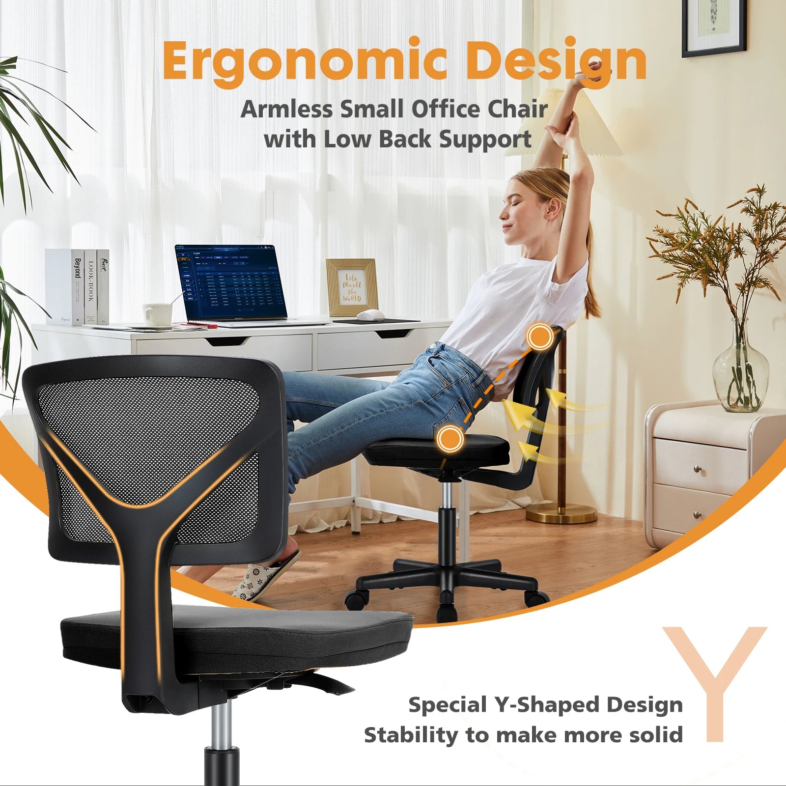 Ergonomic Mesh Armless Office Chair with Lumbar Support & Adjustable Height - 4