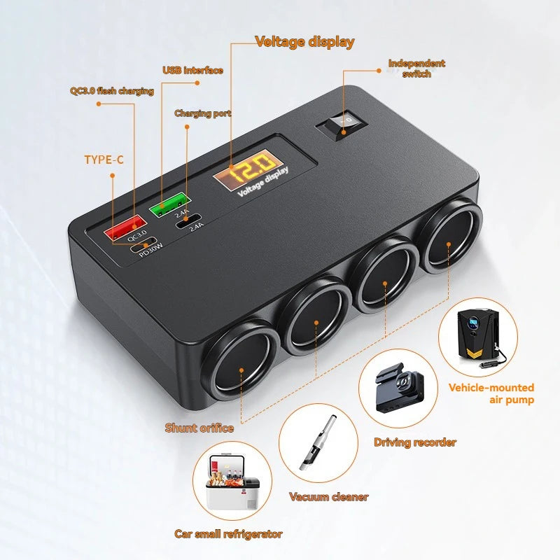 120W 4-Port Fast Car Charger Adapter - QC3.0 PD USB Type-C Auto Power Outlet