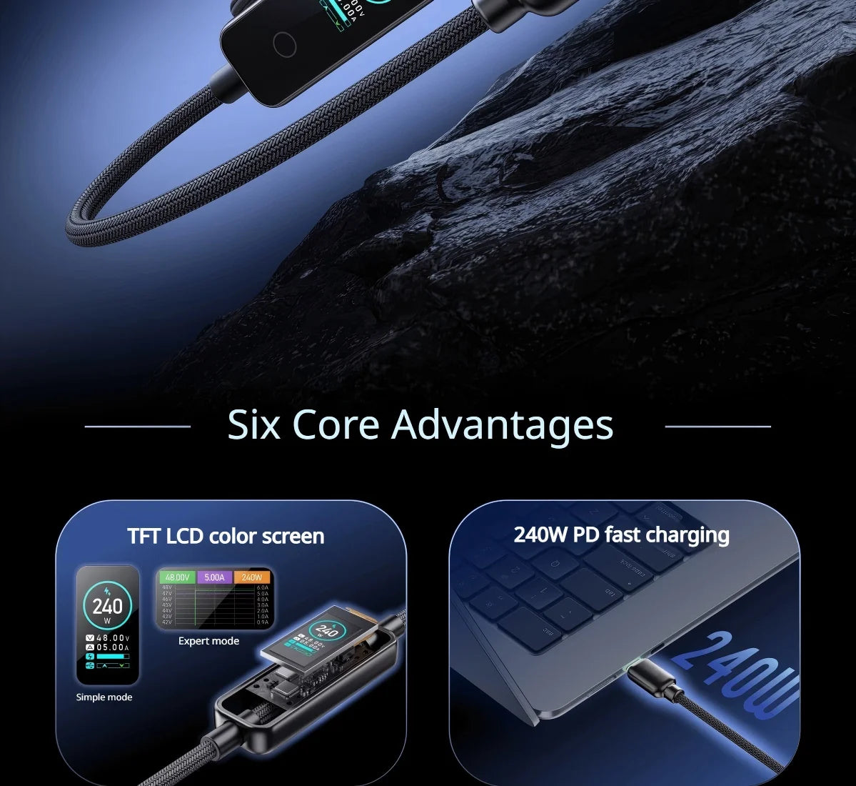 240W USB-C Fast Charging Cable with Real-Time LED Power Display