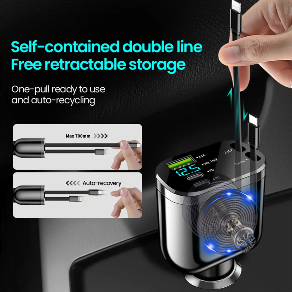 5-in-1 Retractable Fast Car Charger with LED Display - 120W Multi-Port - 4