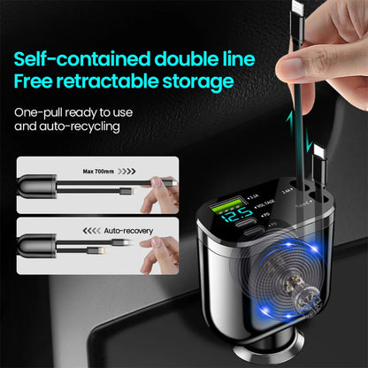 5-in-1 Retractable Fast Car Charger with LED Display - 120W Multi-Port