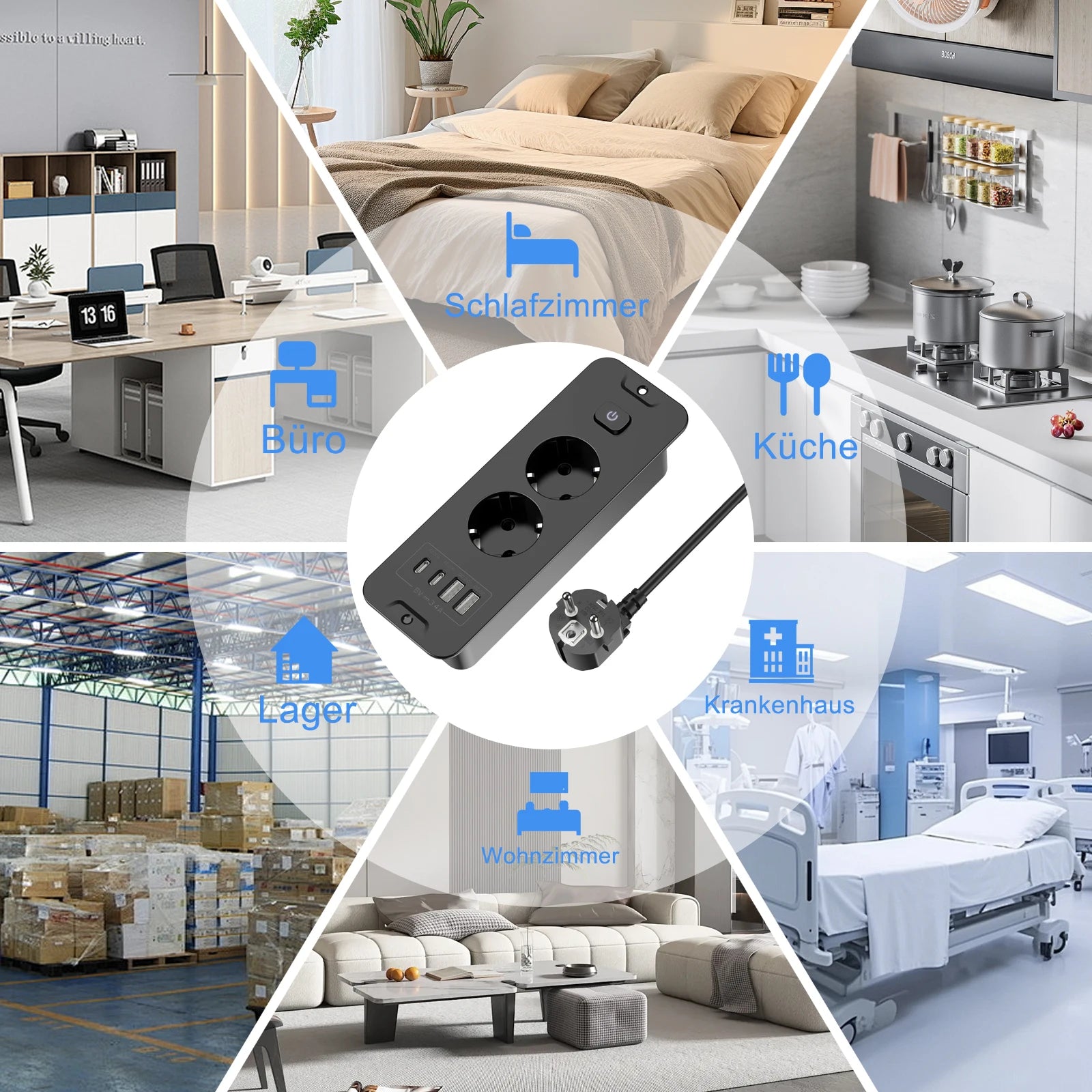 Desktop Recessed Power Strip - Built-in 3 AC Sockets, USB & PD 20W Type-C - 9