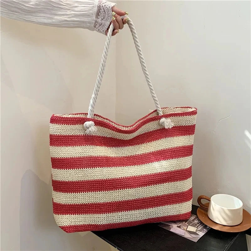 Luxury Striped Straw Beach Tote