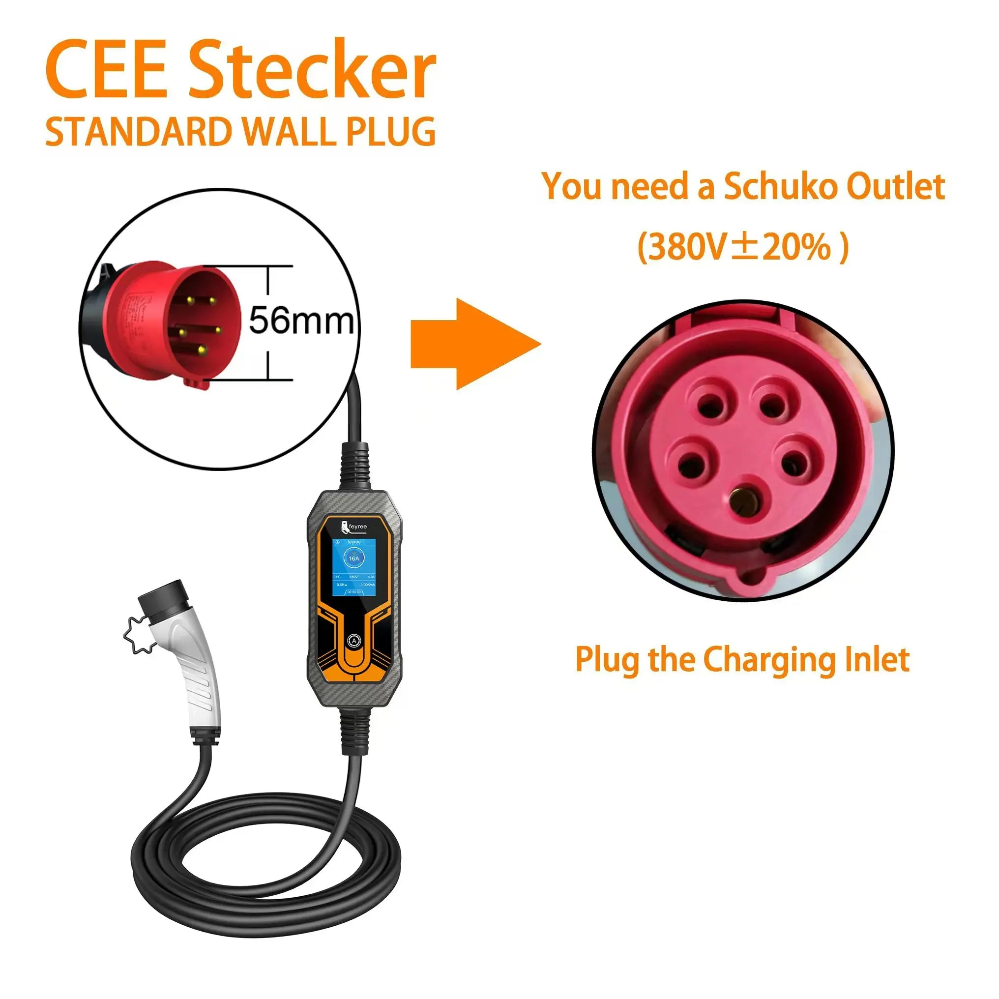 11KW Portable EV Charger Type 2 - Adjustable 16A Electric Car Charging Box - 3