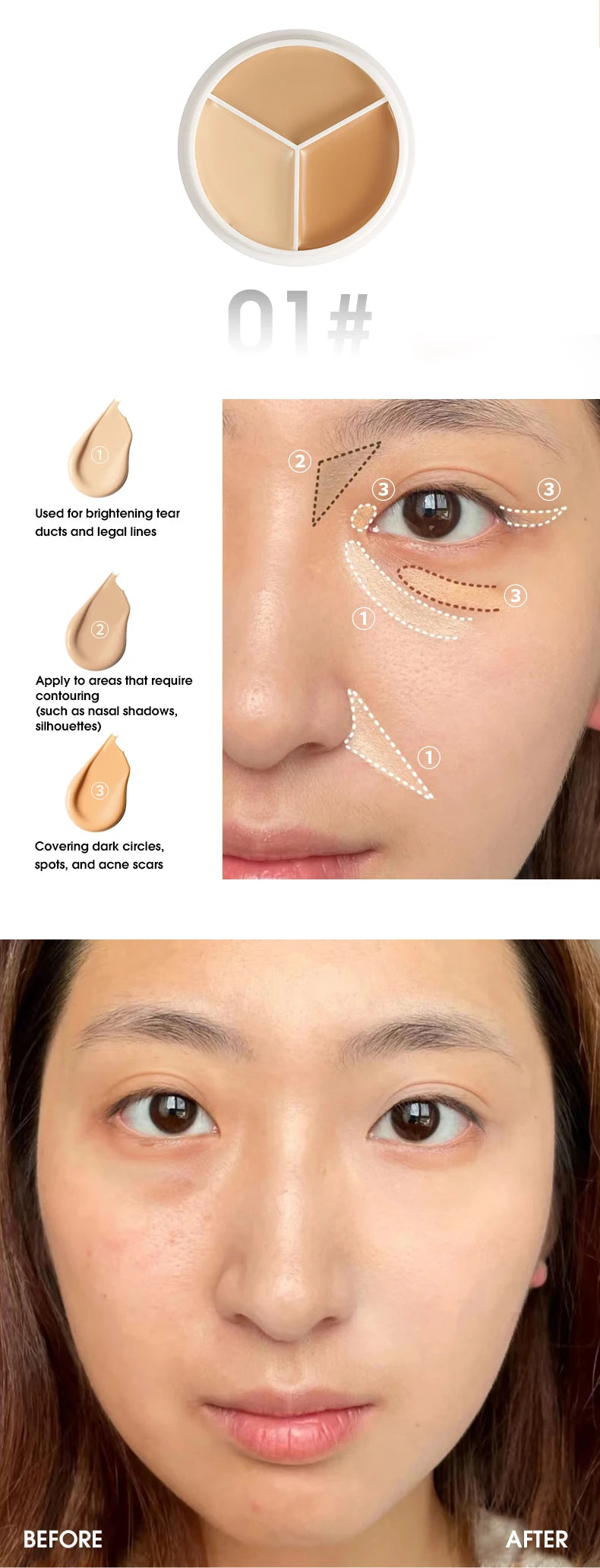 3-Color Cream Concealer Palette for Flawless Skin & Dark Circles