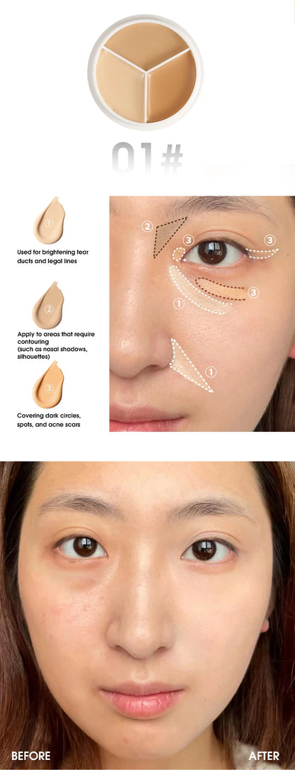 3-Color Cream Concealer Palette for Flawless Skin & Dark Circles