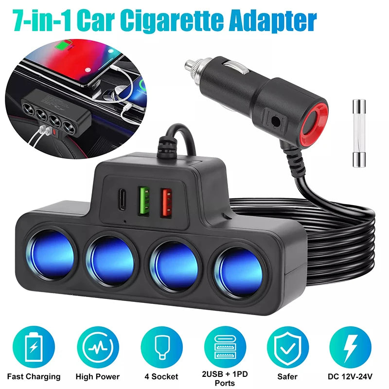 120W Super Fast Car Charger with 4-Port USB C Multi-Device Adapter - 1