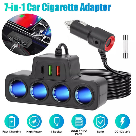 120W Super Fast Car Charger with 4-Port USB C Multi-Device Adapter
