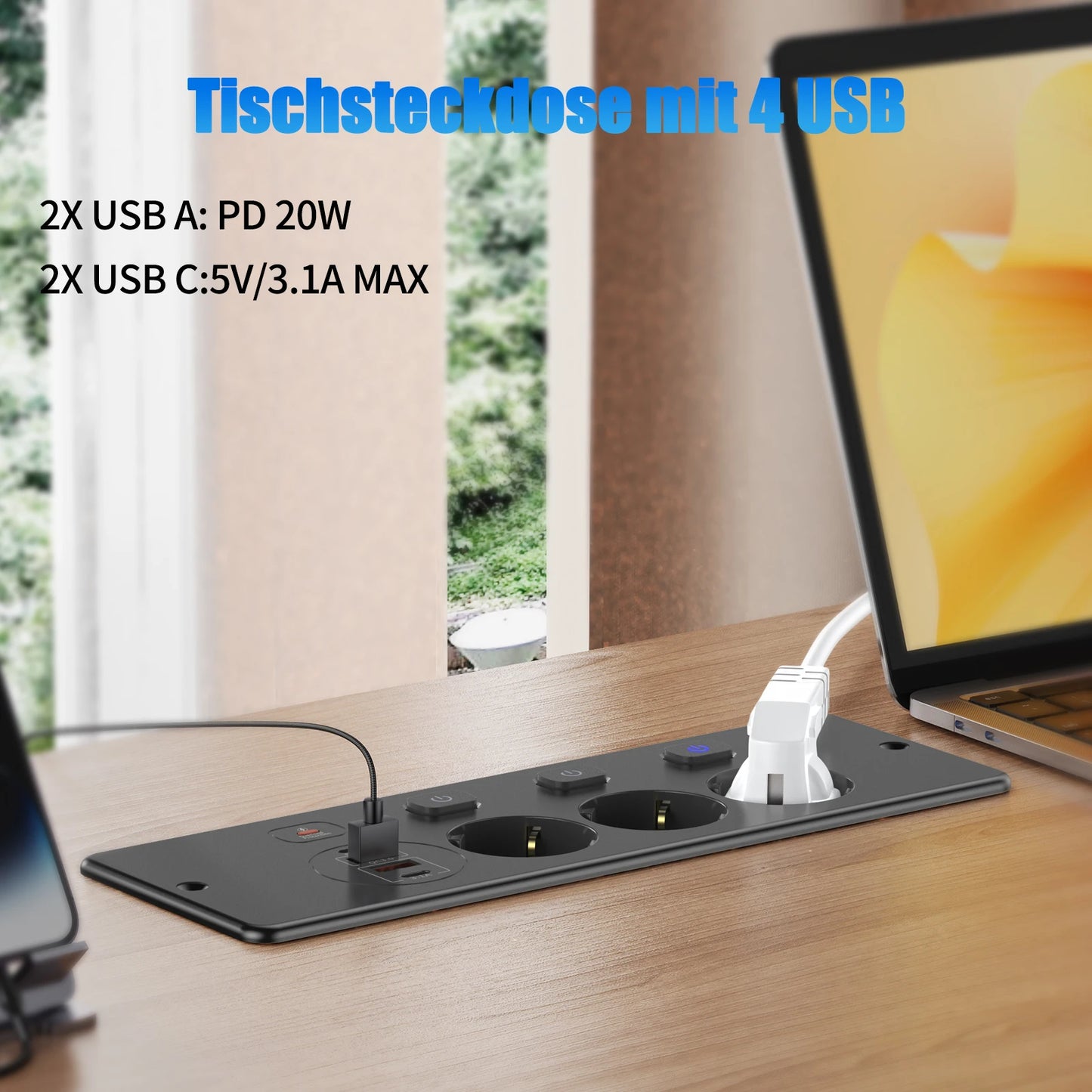 EU Desktop Power Strip with 5 AC Sockets & 4 USB Ports - 3250W Fast Charge