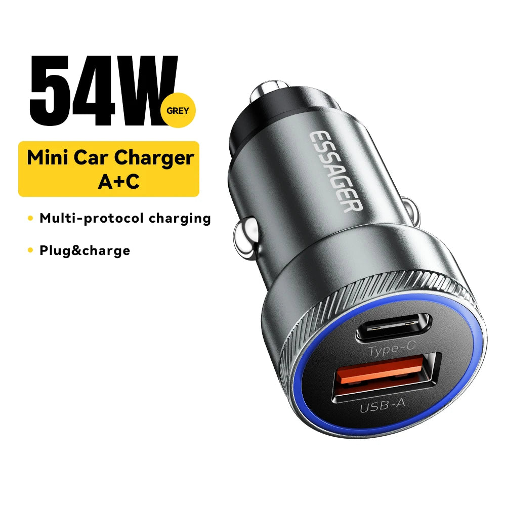 Essager 54W Dual Port Fast Car Charger - USB-C & USB-A PD/QC 3.0 Adapter