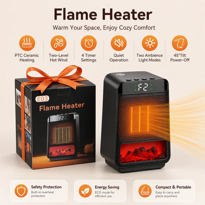 Portable Electric Ceramic Space Heater with Ambient Flame Light & Timer
