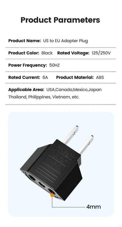 US to EU Travel Plug Adapter - Compact & Safe Universal Power Converter