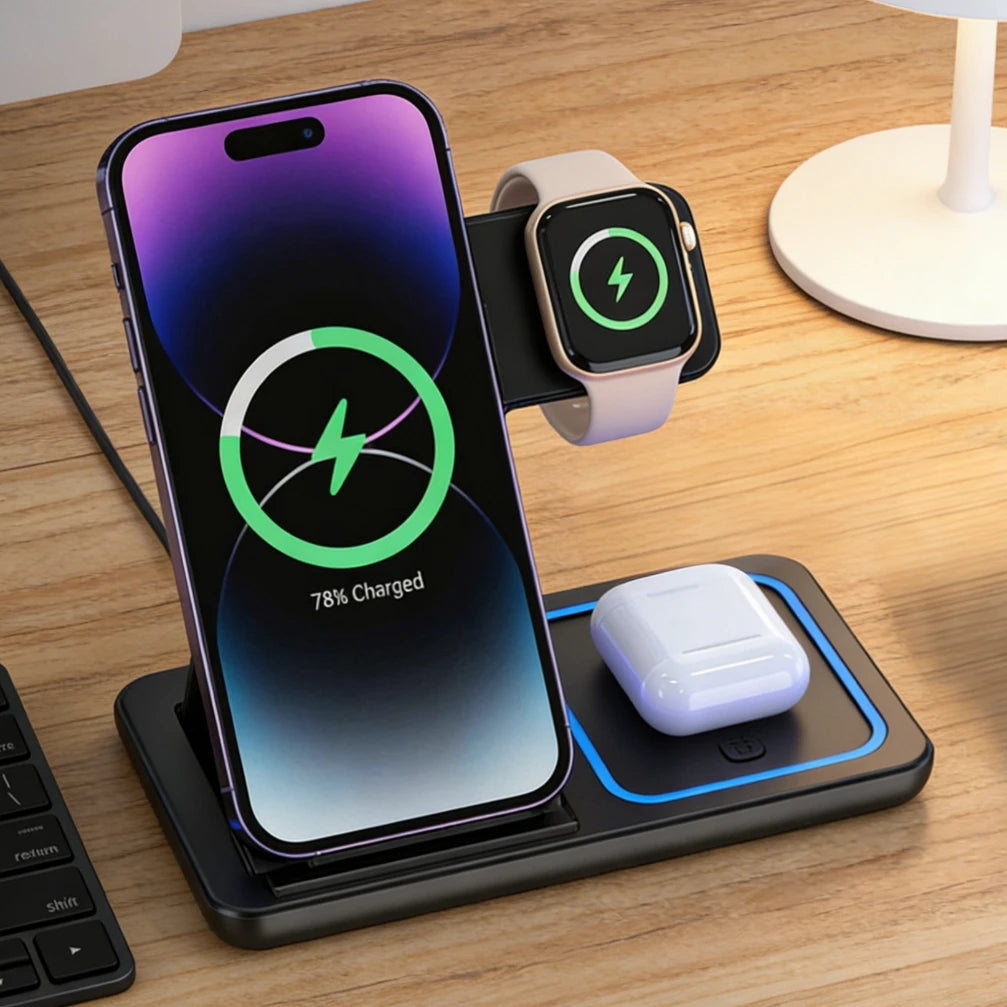 3-in-1 Foldable Wireless Charging Station for iPhone, Apple Watch & AirPods - 1