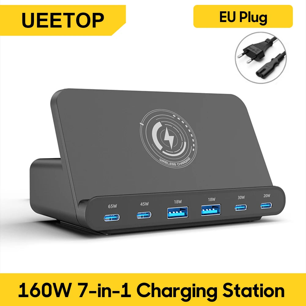 160W GaN Desktop USB Charging Station with 15W Wireless Charger - 22