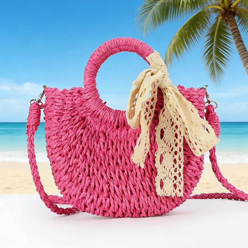 Luxury Lace Bow Straw Bag