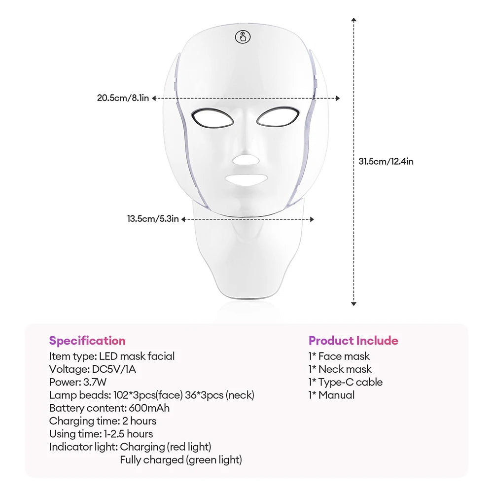 Wireless 7-Color LED Light Therapy Face & Neck Mask - 20